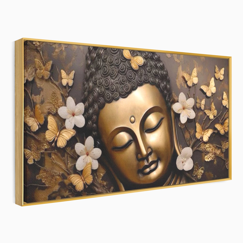 Tablou canvas cu tablou canvas cu capul lui buddha, in rama de aluminiu auriu